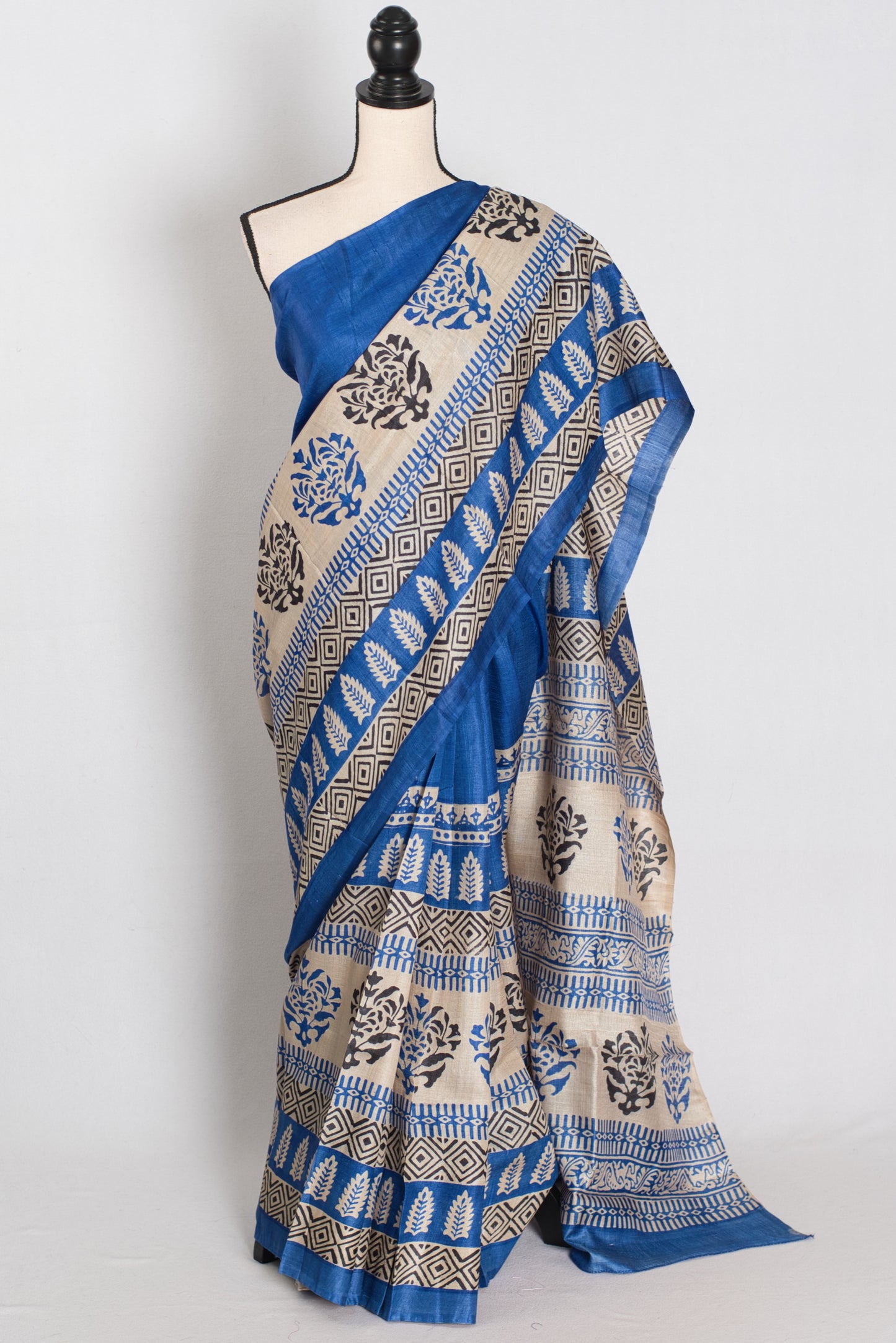 Mati Blue and White Hand Block Printed Tussar Silk Saree with 38 Size Blouse image 0