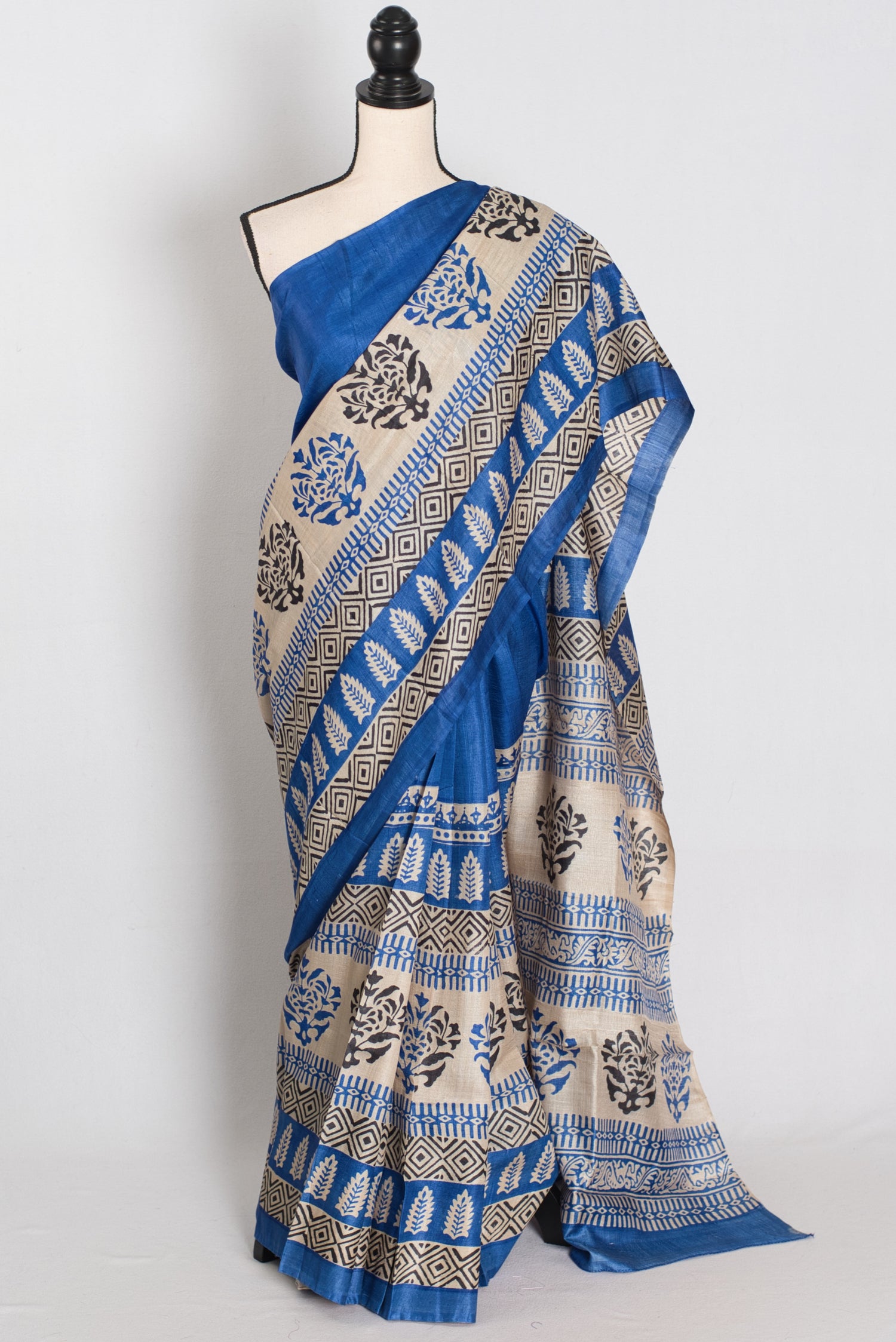 Mati Blue and White Hand Block Printed Tussar Silk Saree with 38 Size Blouse image 0