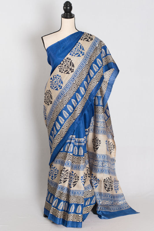 Mati Blue and White Hand Block Printed Tussar Silk Saree with 38 Size Blouse image 0