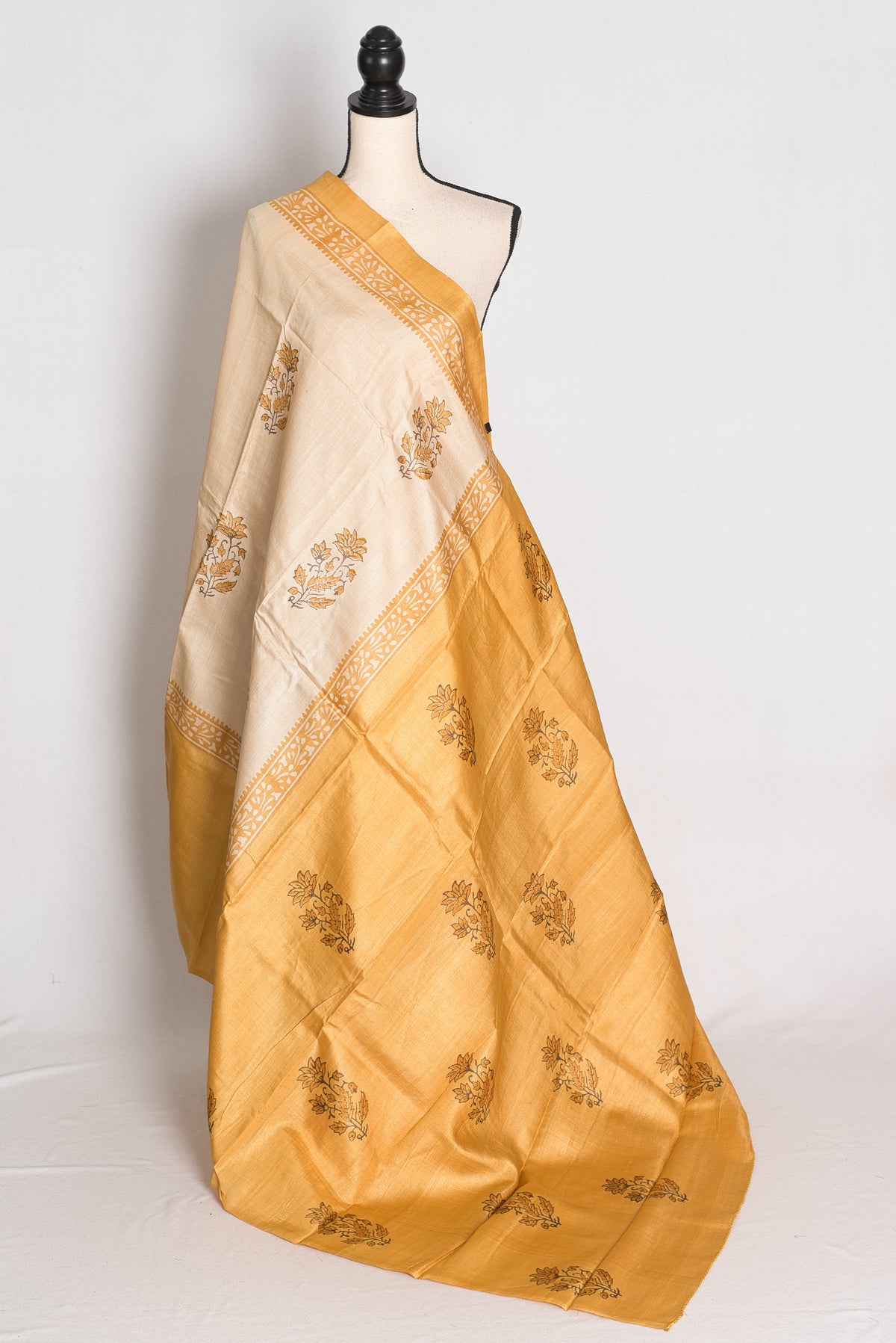 Trisha : Cream and Mustard Yellow Hand Block Printed Pure Tussar Silk Saree image 1