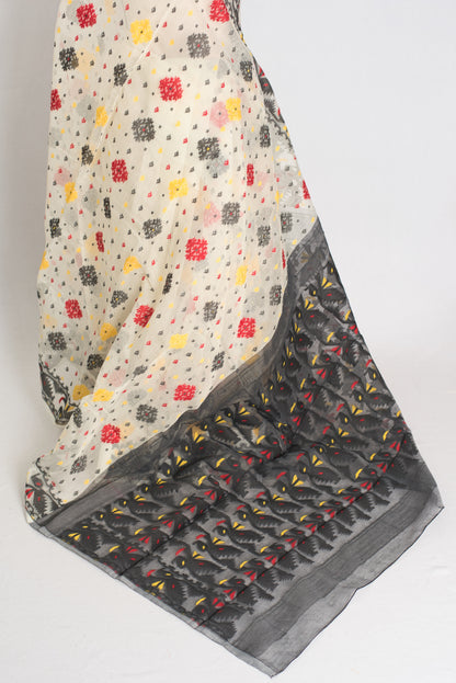 Bidisha : Off White and Black Blended Soft Cotton Jamdani Bengali Saree image 2