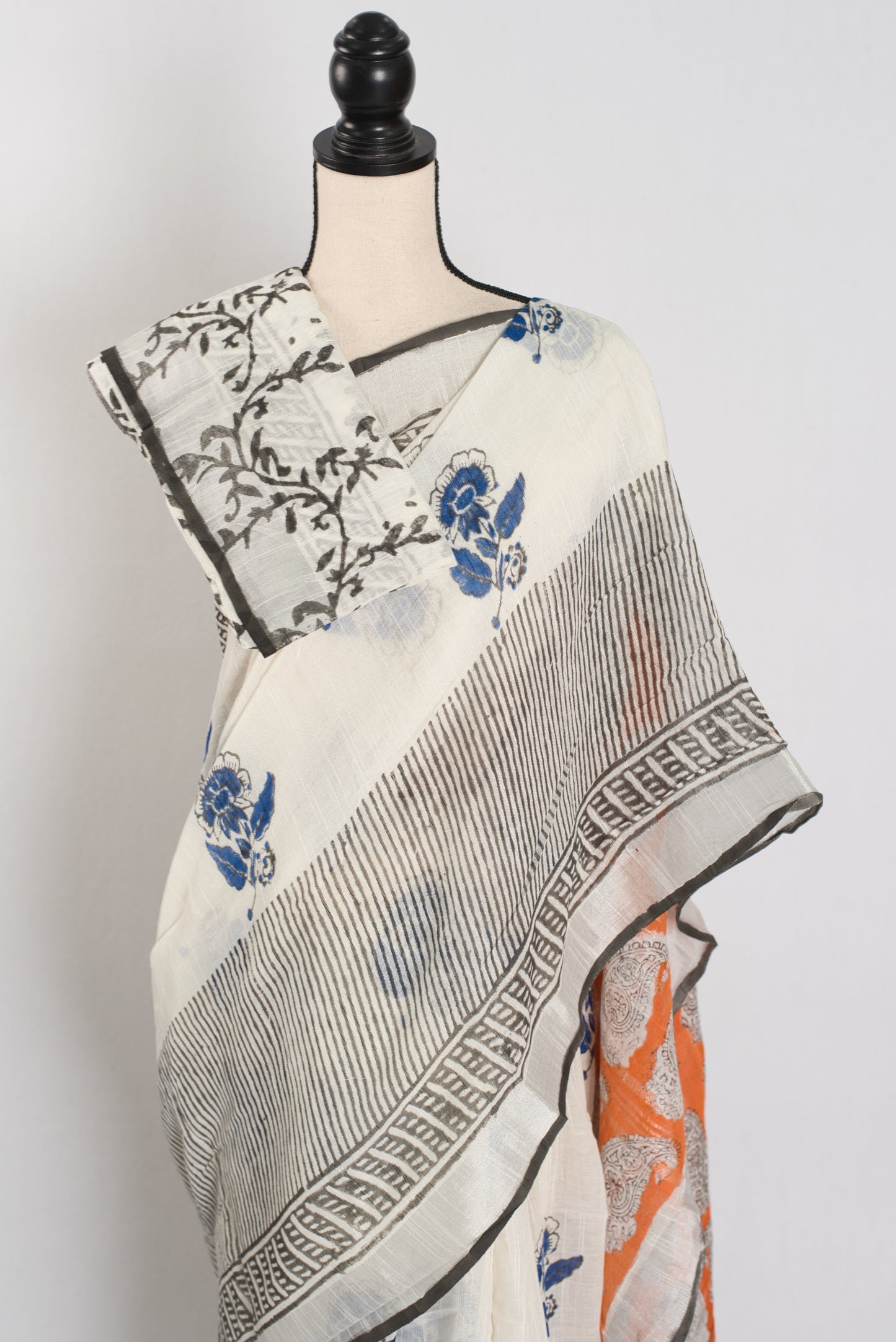 Madhuri: White & Blue Hand Block Printed Saree | Soft Linen Cotton image 2