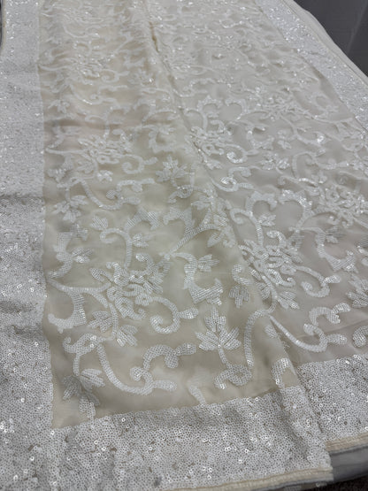 Damini | Ivory White Sequin Georgette Cocktail Saree | Classic Embroidery image 0