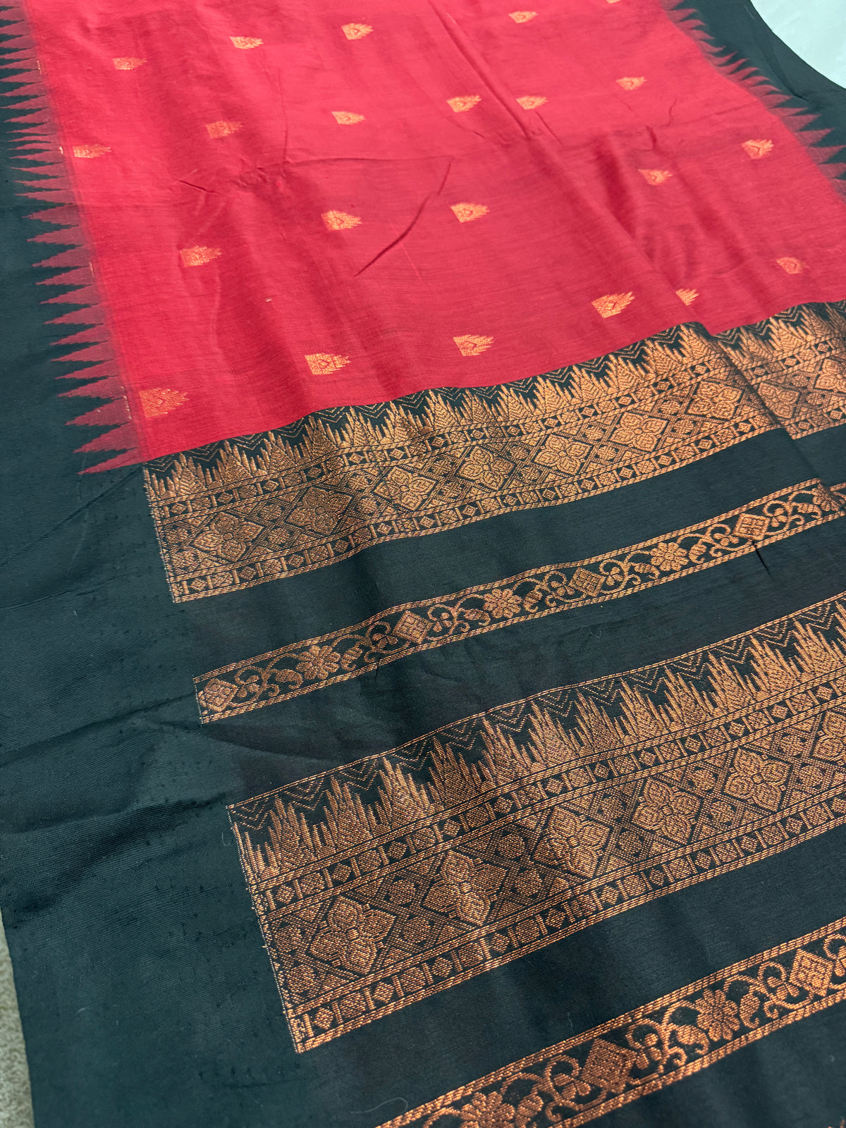 Dhriti: Dark Red Blended Cotton Gadwal Saree with Black Zari Border image 3