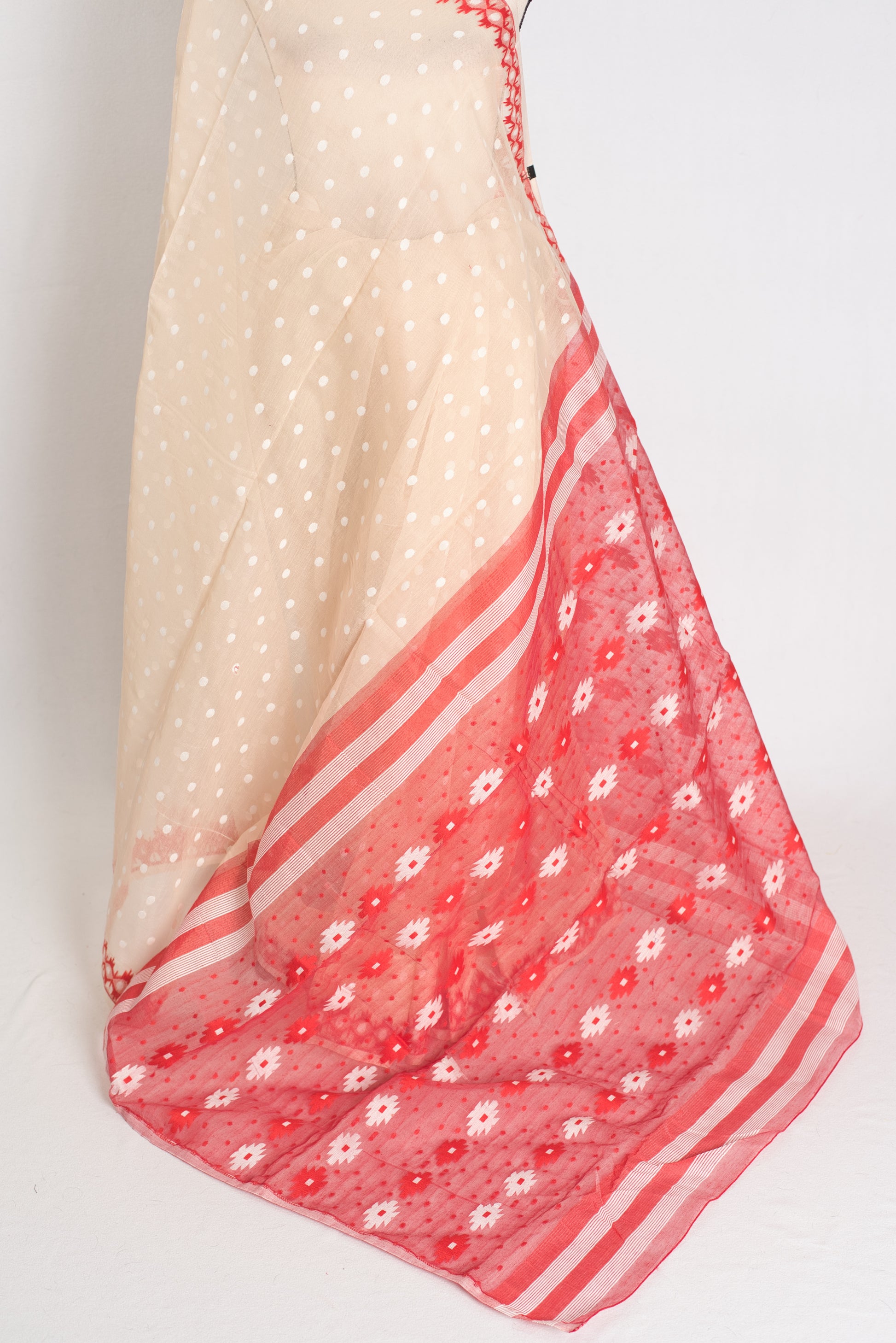 Ahiri : Beige and Red Blended Soft Cotton Jamdani Bengali Saree image 1