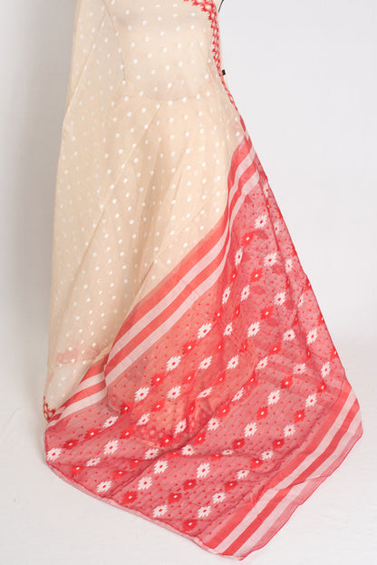 Ahiri : Beige and Red Blended Soft Cotton Jamdani Bengali Saree image 1