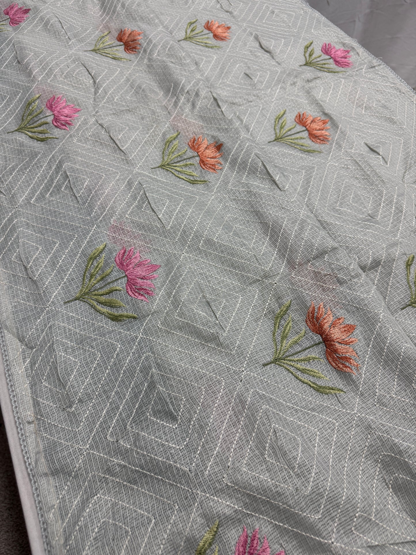 Jessica | Soft Grey Semi Kota Silk Saree | Pastel Floral Machine Embroidery image 0