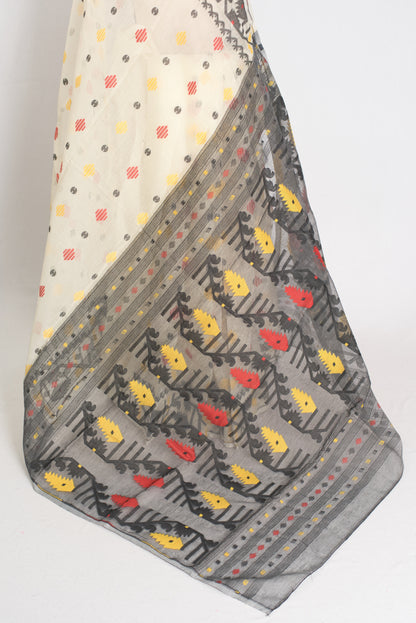 Mousumi : Cream and Black Blended Soft Cotton Jamdani Bengali Saree image 4