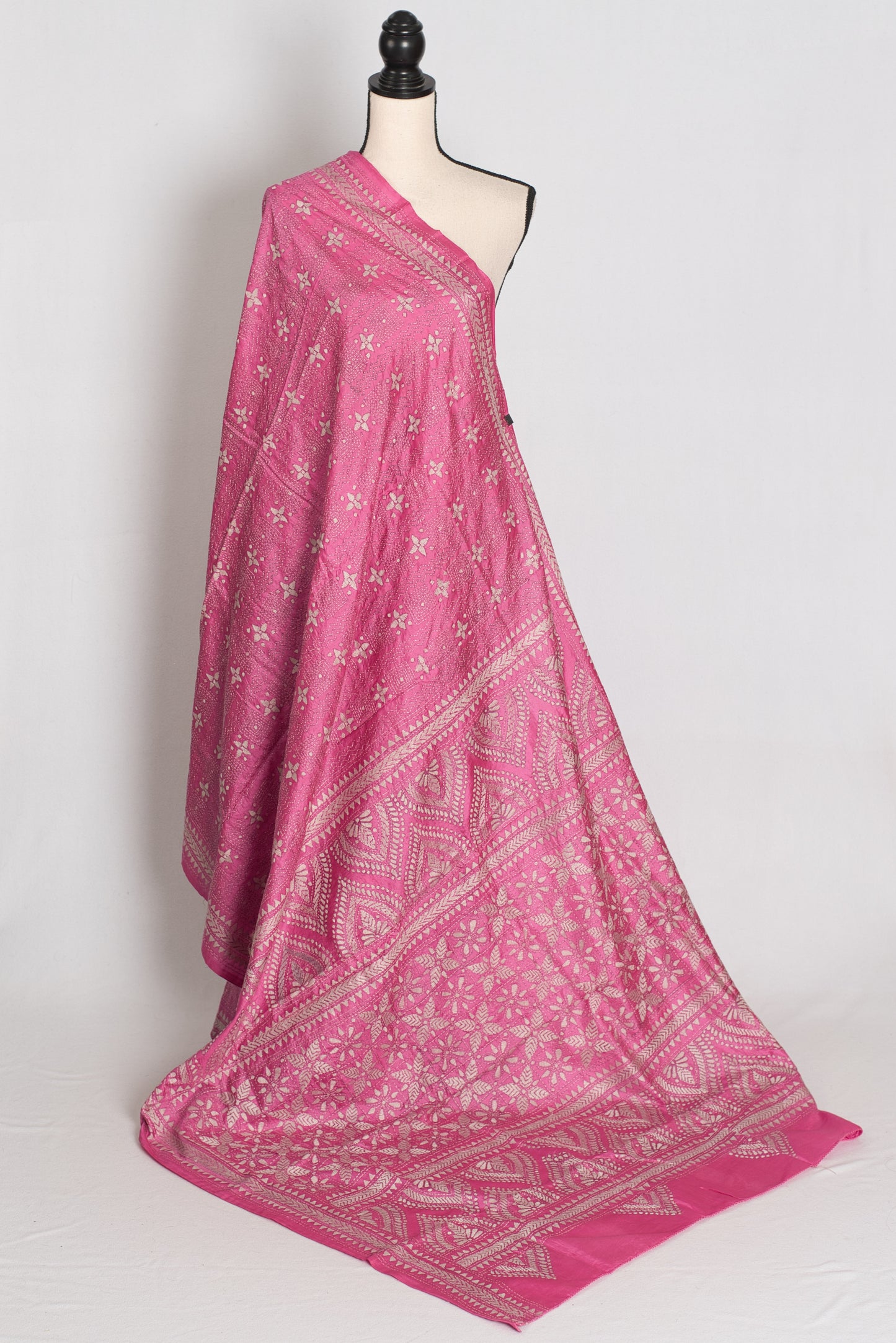 Bidisha : Vibrant Pink Hand Embroidered Kantha Stitch Pure Bangalore Silk Saree image 1