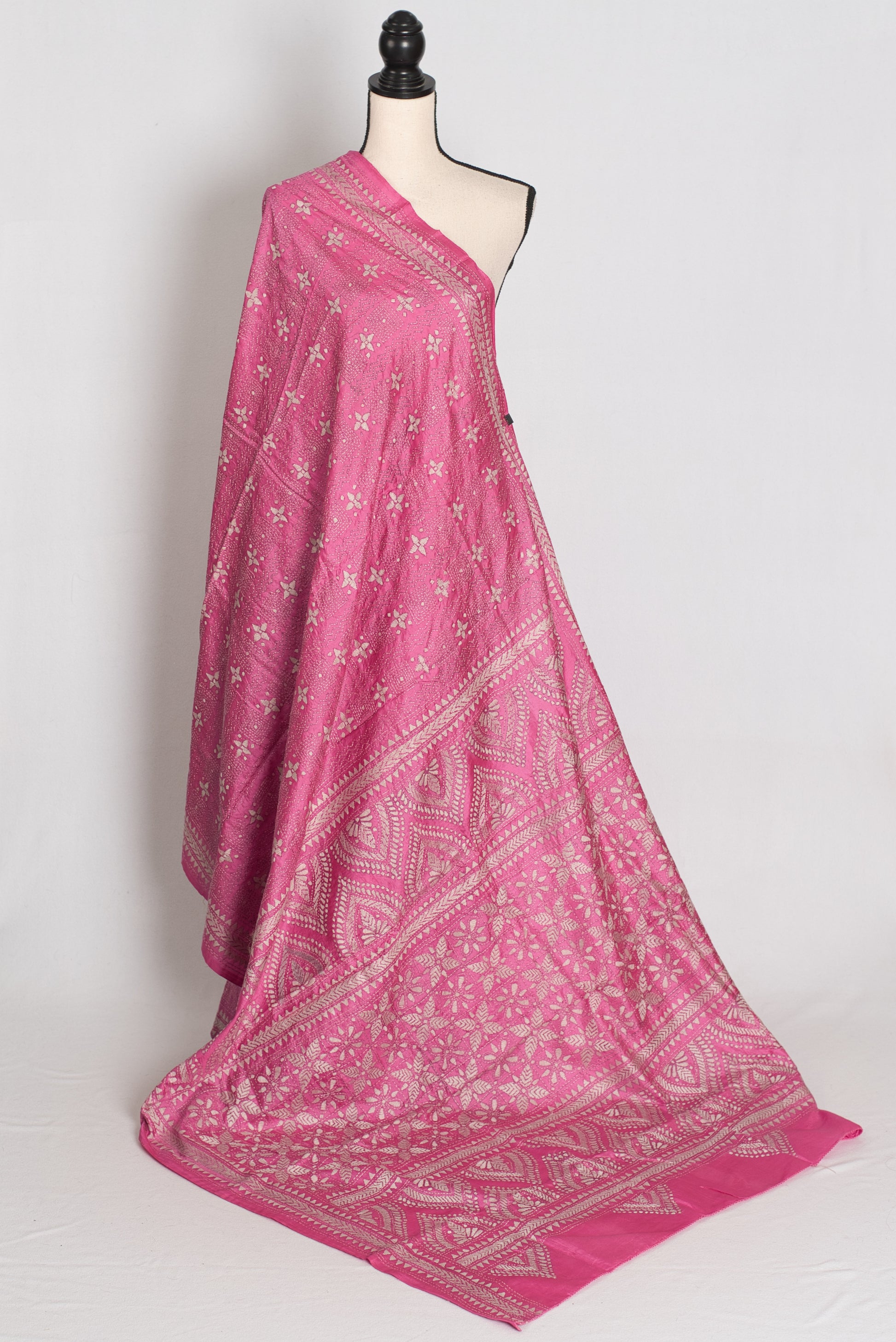 Bidisha : Vibrant Pink Hand Embroidered Kantha Stitch Pure Bangalore Silk Saree image 1