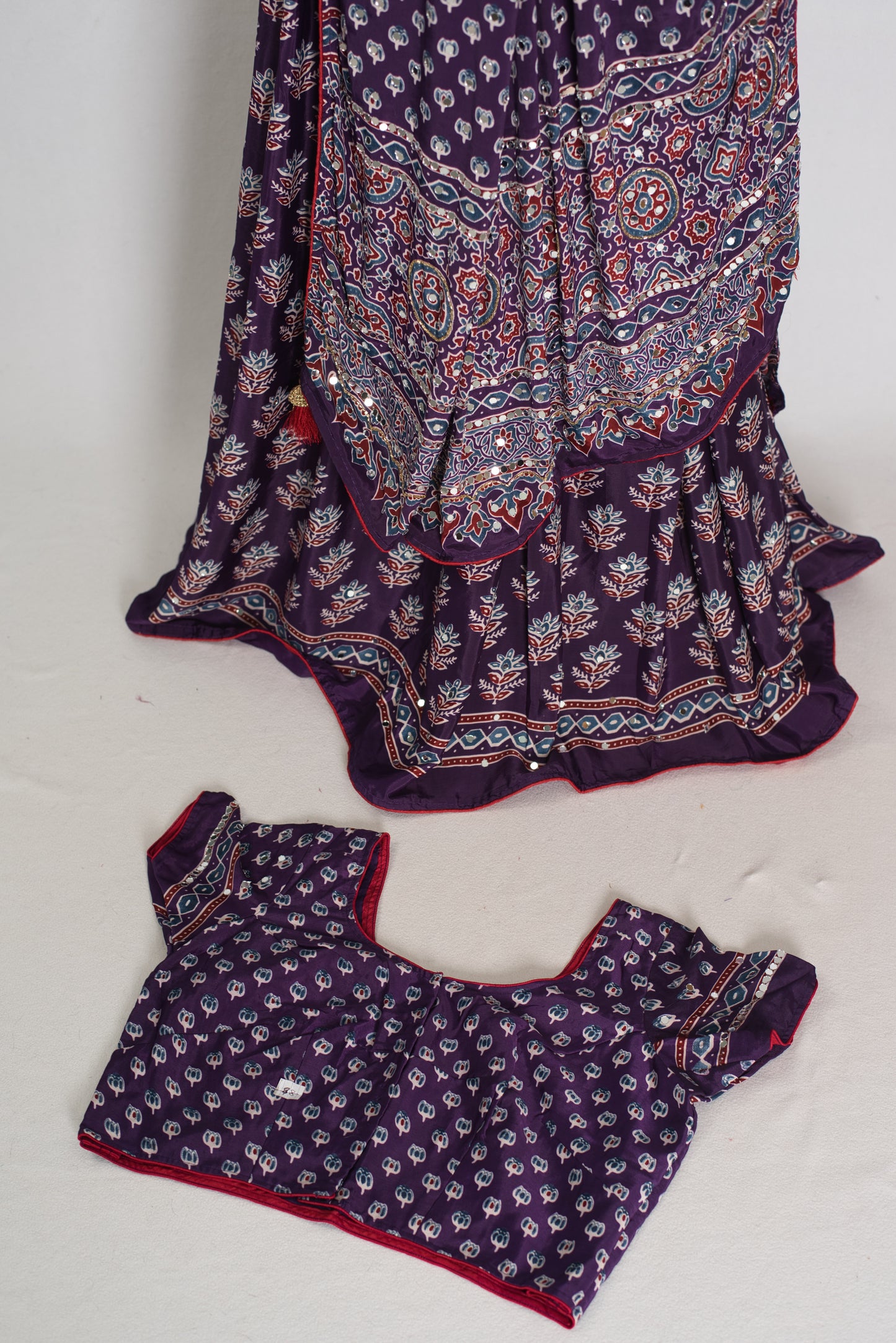 Parul | Purple Ajrakh Print Lehenga Saree with Stitched Blouse image 1