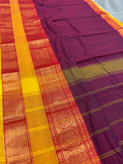 Mandira : Handwoven Kanchi Cotton Saree in Maroon and Yellow image 2
