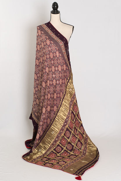 Sarah: Deep Purple Ajrakh Modal Silk Saree | Mirror & Cut Dana Work image 3