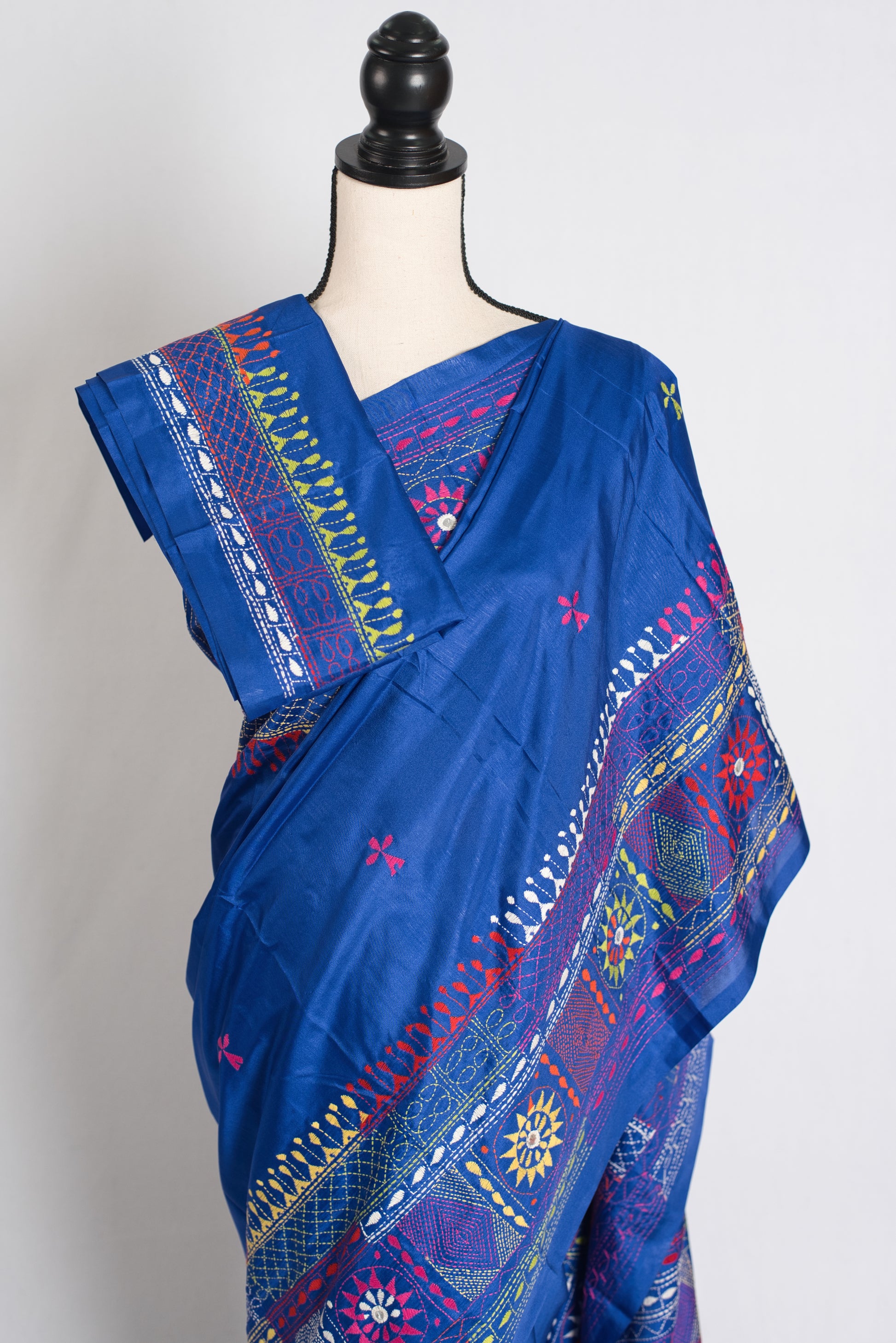 Savitri : Blue Blended Silk Saree with Hand Embroidery Lambani Work image 2