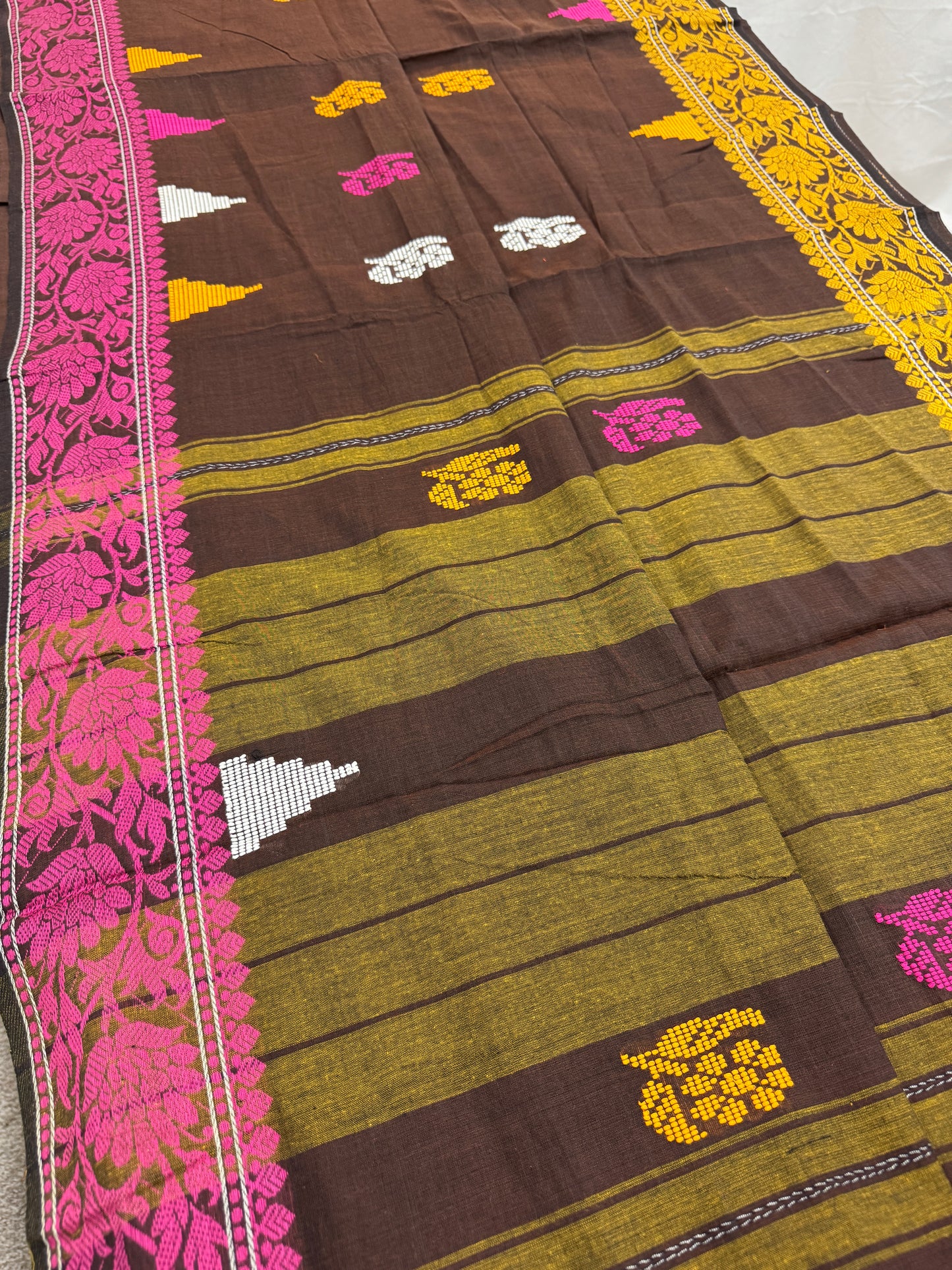 Mridula: Brown Dhaniakhali Classic Bengali Cotton Saree with Ganga Jamuna Border image 2