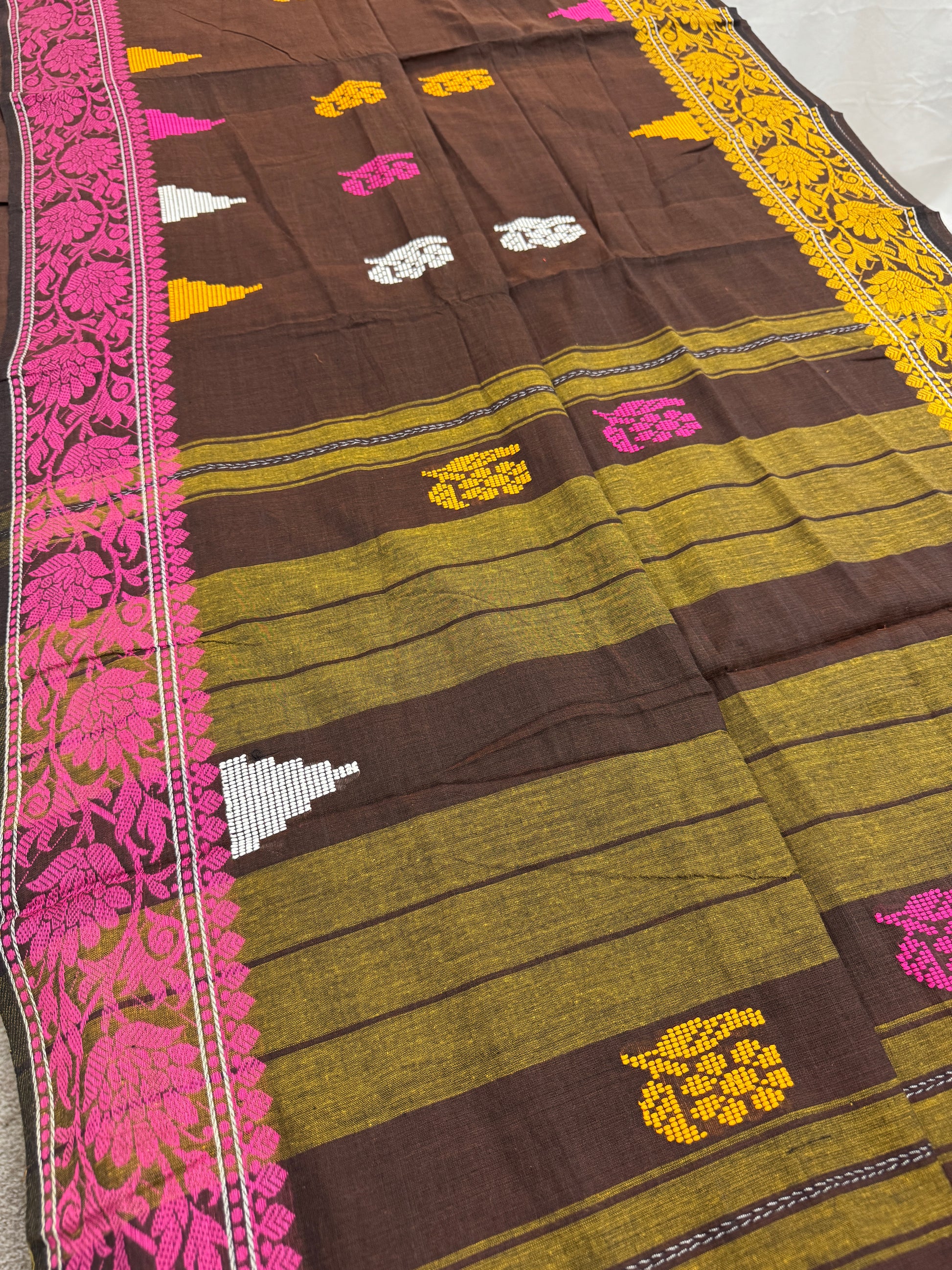 Mridula: Brown Dhaniakhali Classic Bengali Cotton Saree with Ganga Jamuna Border image 2
