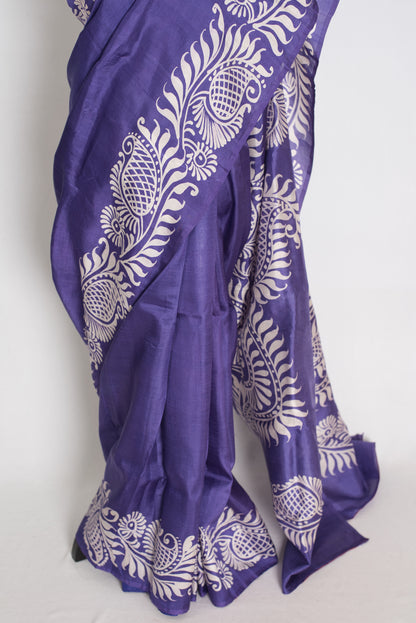 Malathi : Purple and Off-White Hand Batik Pure Murshidabad Silk Saree image 5