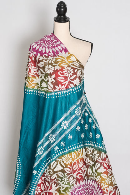 Ritaja : Teal Blue Hand-Dyed Tussar Silk Hand-Embroidered Kantha Stitch Saree image 4