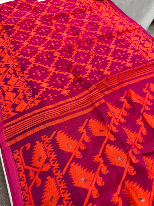 Bidisha : Dark Pink and Orange Blended Soft Cotton Jamdani Saree image 0