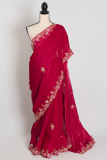 Devina : Rani Pink Soft Glass Tissue Hand Embroidery Partywear Saree image 0