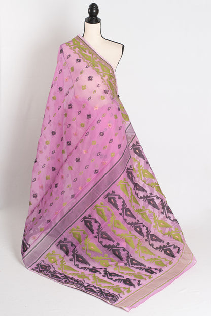 Hema : Purple Blended Soft Cotton Jamdani Bengali Saree with Ganga Jamuna Border image 1