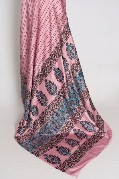 Archana : Soft Pink and Black Hand Block Printed Murshidabad Silk Saree image 3