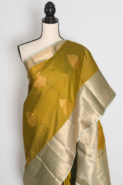 Harini – Olive Green Semi Silk Kanjivaram Saree with Sage Green Wide Border image 5