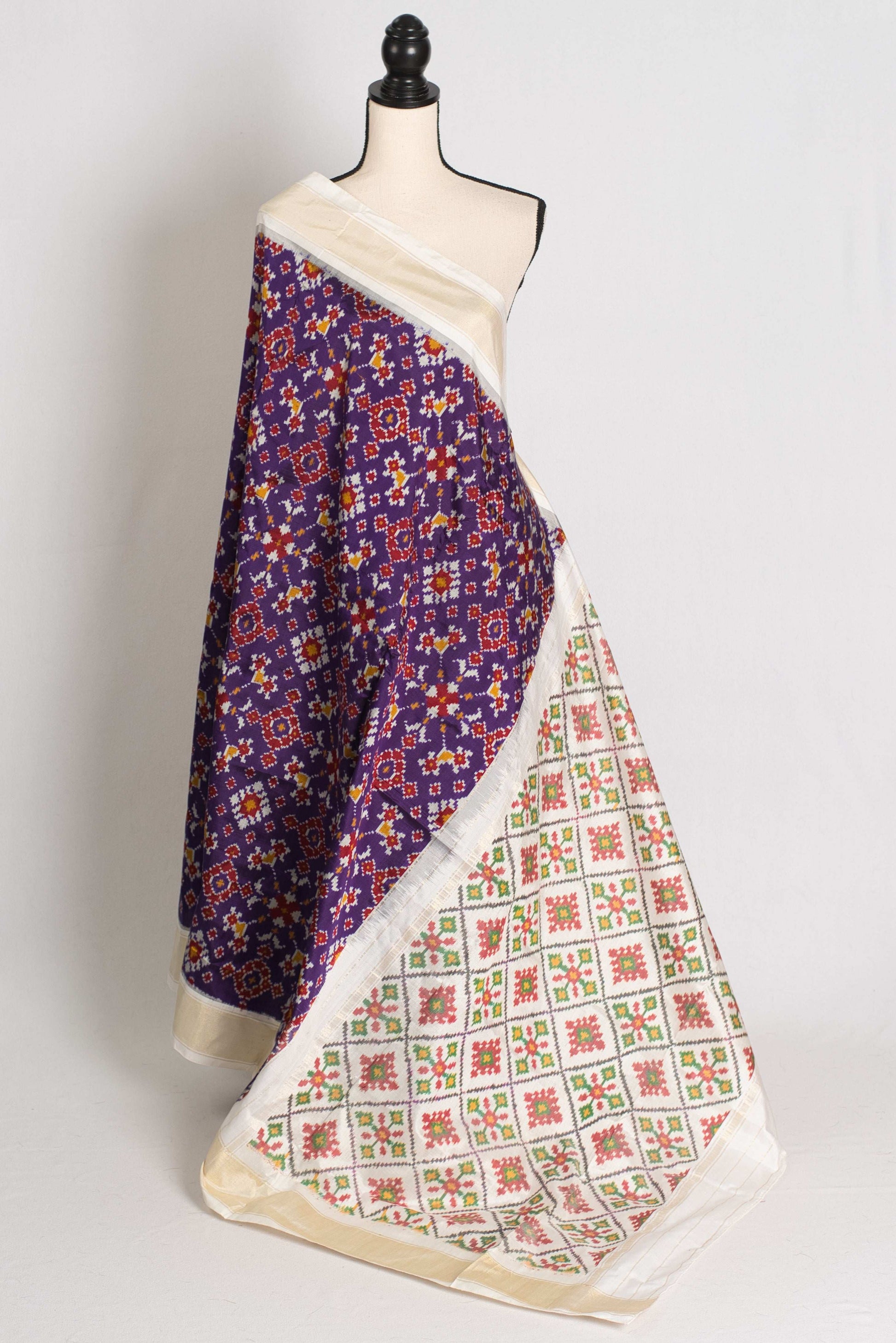 Malathi : Silk Mark Certified Navarathan Patola Saree in Purple and Off White image 1