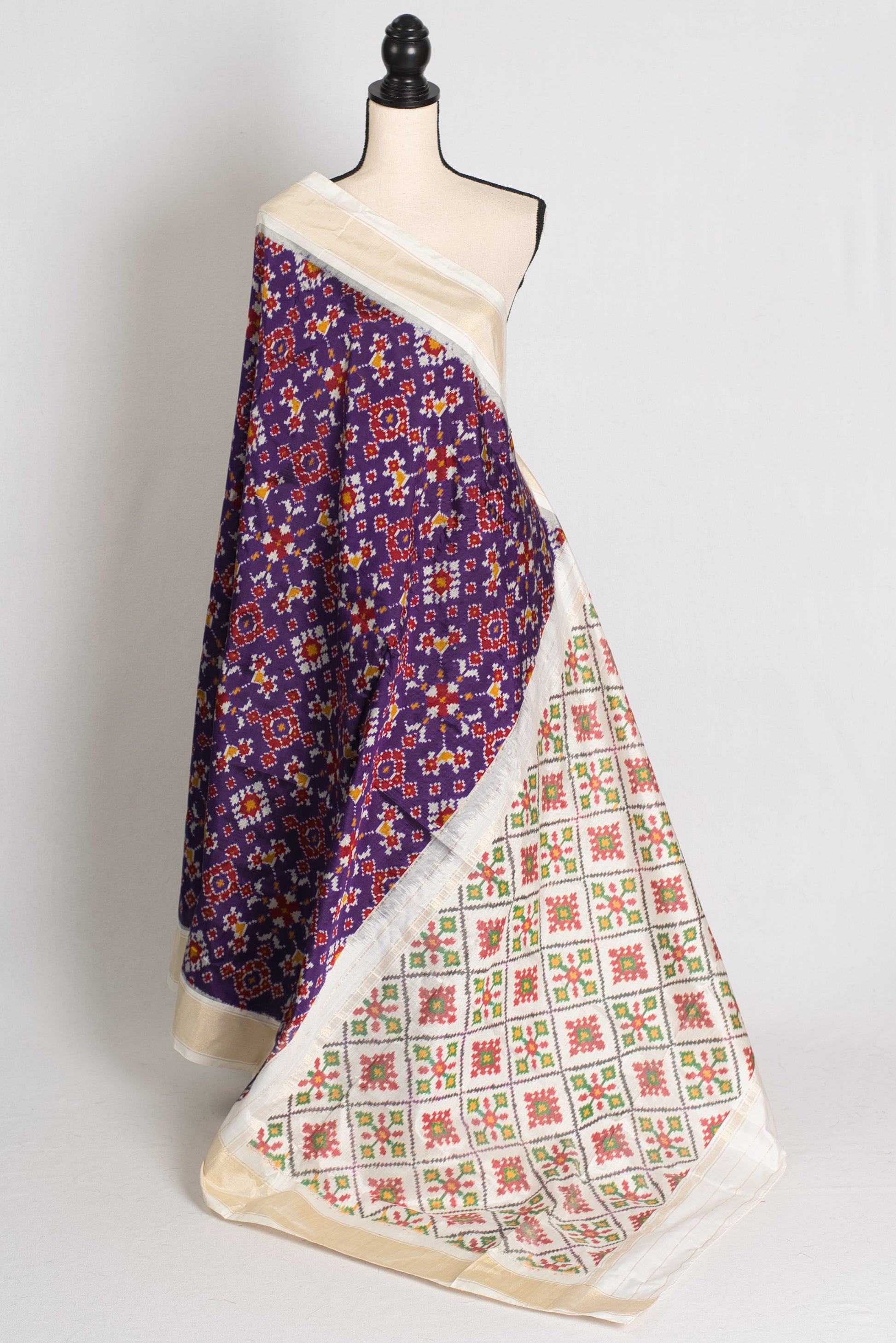 Malathi : Silk Mark Certified Navarathan Patola Saree in Purple and Off White image 1