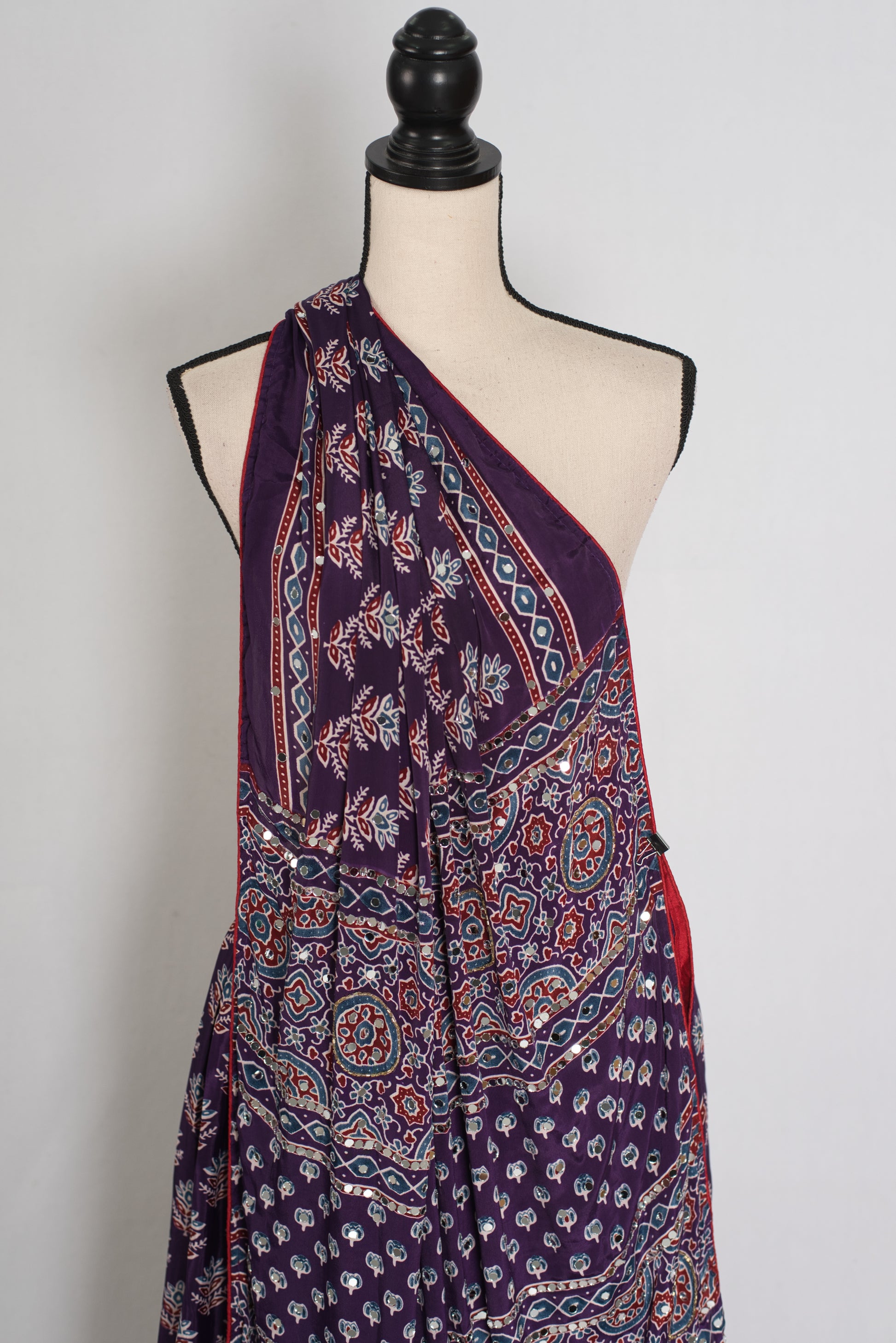 Parul | Purple Ajrakh Print Lehenga Saree with Stitched Blouse image 4