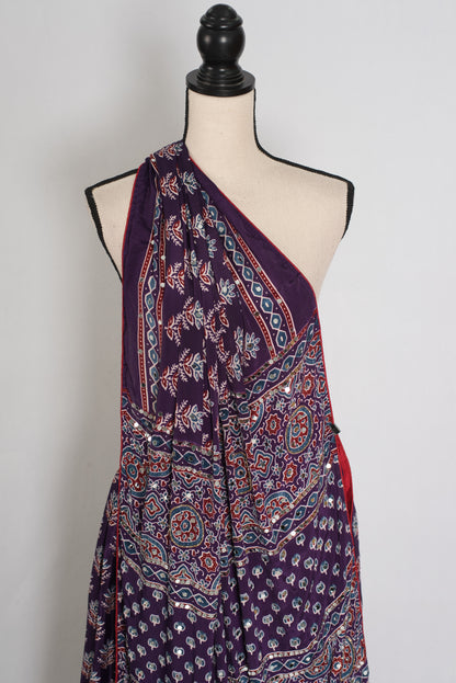 Parul | Purple Ajrakh Print Lehenga Saree with Stitched Blouse image 4