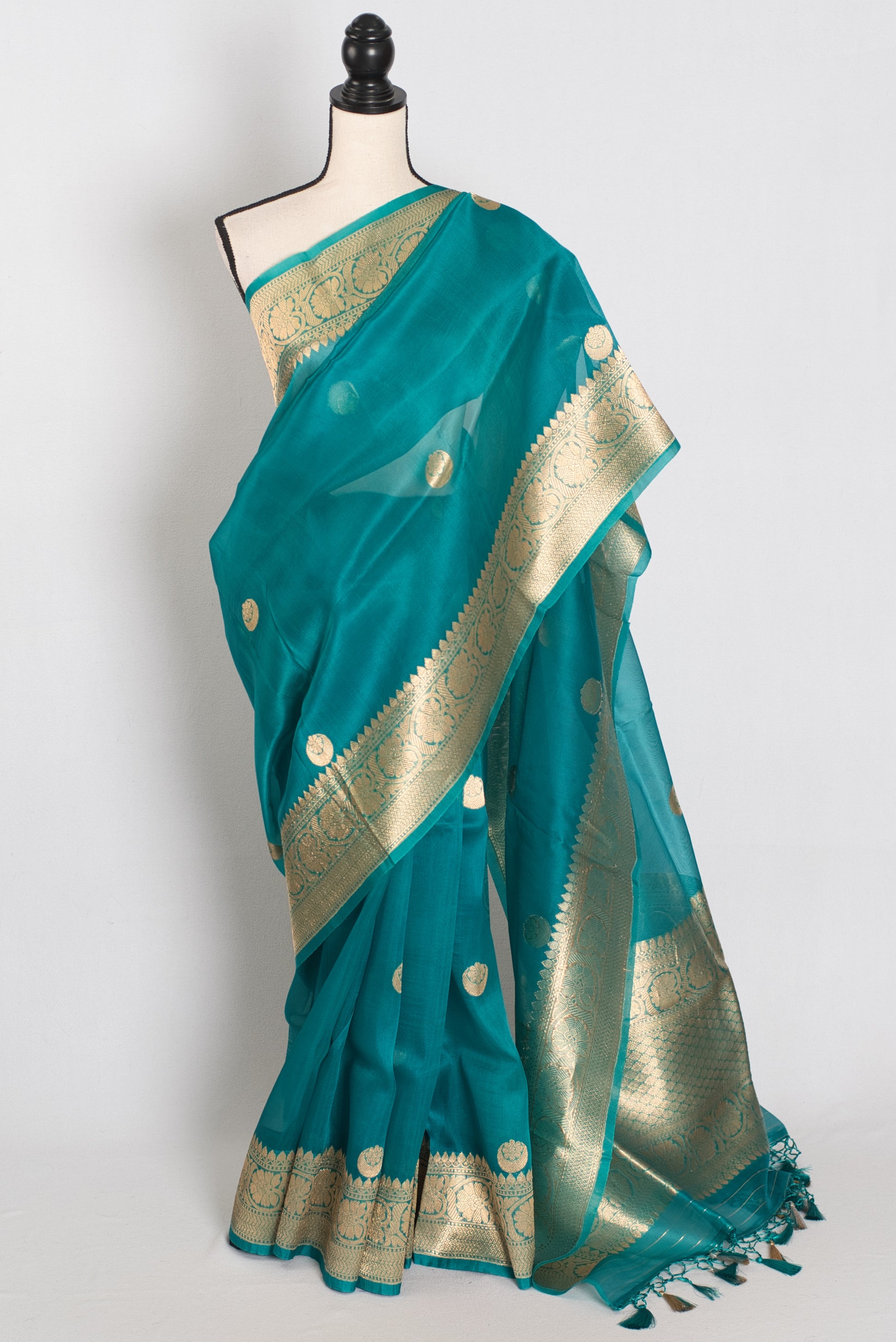 Ritaja : Rama Green and Gold Kora Organza Banarasi Saree with 38 Size Blouse image 0