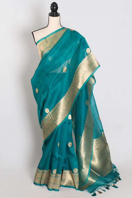 Ritaja : Rama Green and Gold Kora Organza Banarasi Saree with 38 Size Blouse image 0