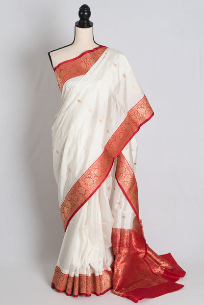 Annapurna : Silk Mark Certified White and Red Banarasi Silk Saree image 0