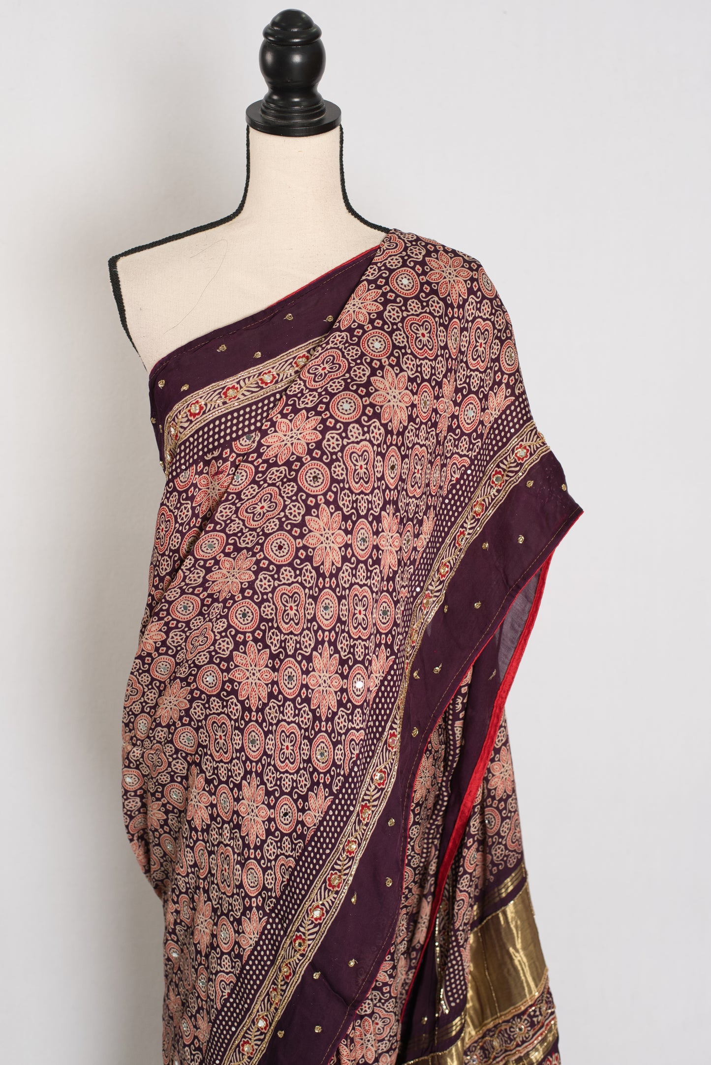 Sarah: Deep Purple Ajrakh Modal Silk Saree | Mirror & Cut Dana Work image 6
