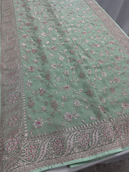 Pooja | Sea Green Georgette Partywear Saree | Elegant Machine Floral Embroidery image 4