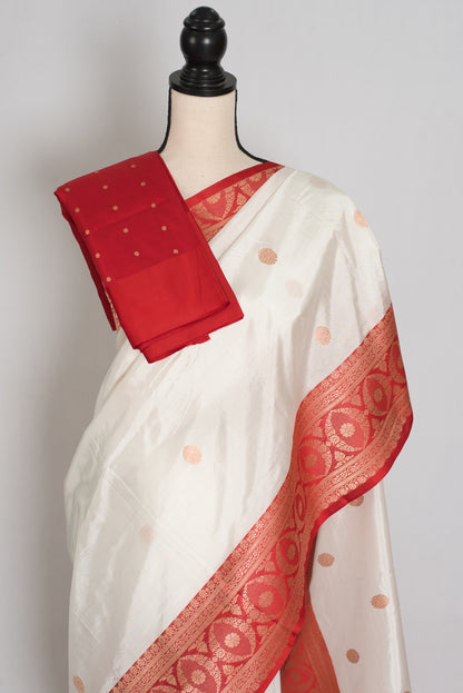 Shreya : White and Red Handwoven Katan Silk Banarasi Saree | Silk Mark Certified image 2