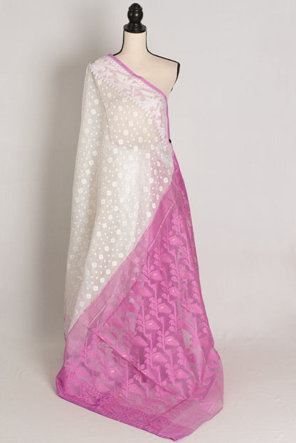 Priti : Off-White & Purple Patli Pallu Soft Blended Cotton Bengali Jamdani Saree image 5