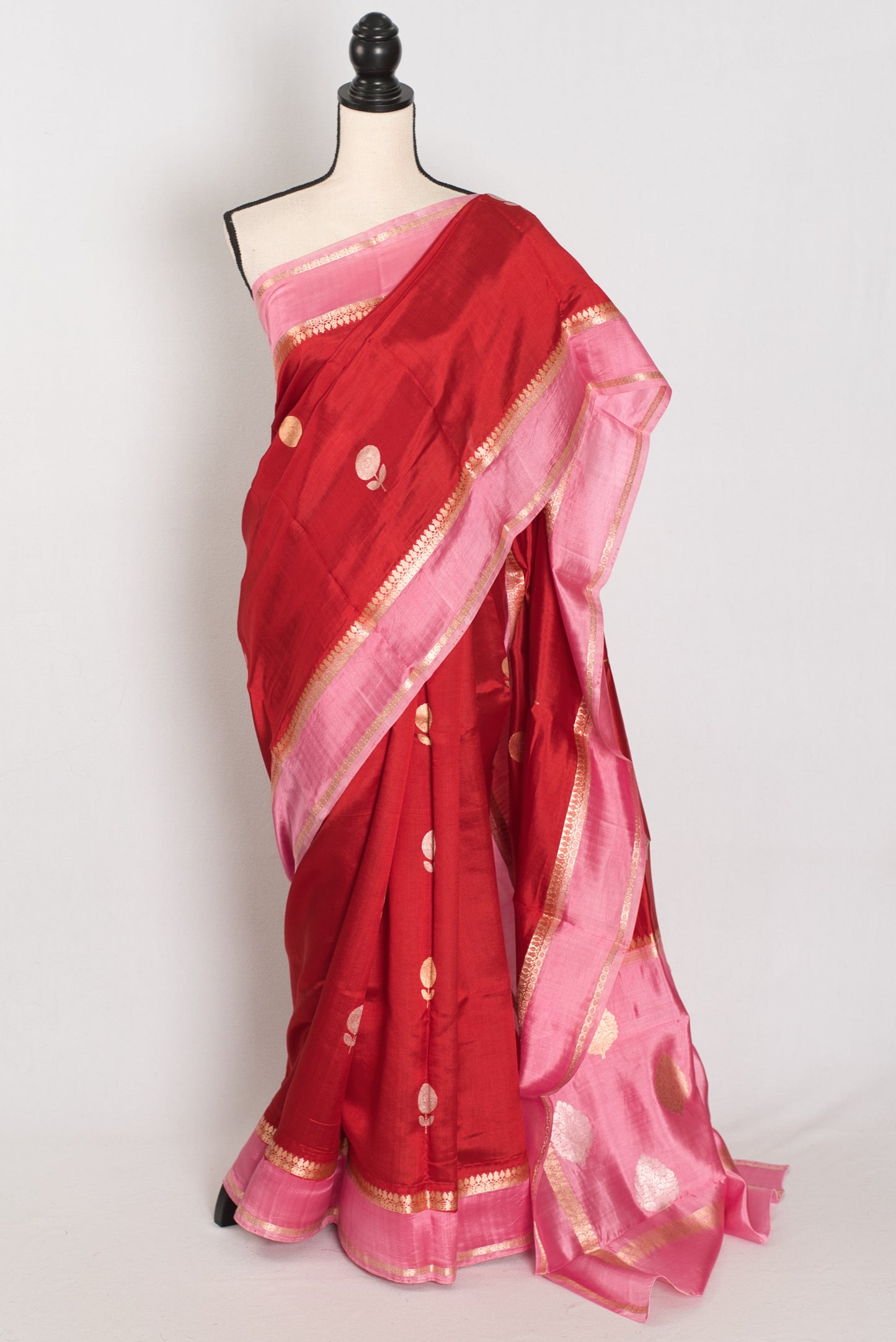 Roshni | Red & Pink Satin Katan Banarasi Silk Saree | Modern Floral Motifs image 0