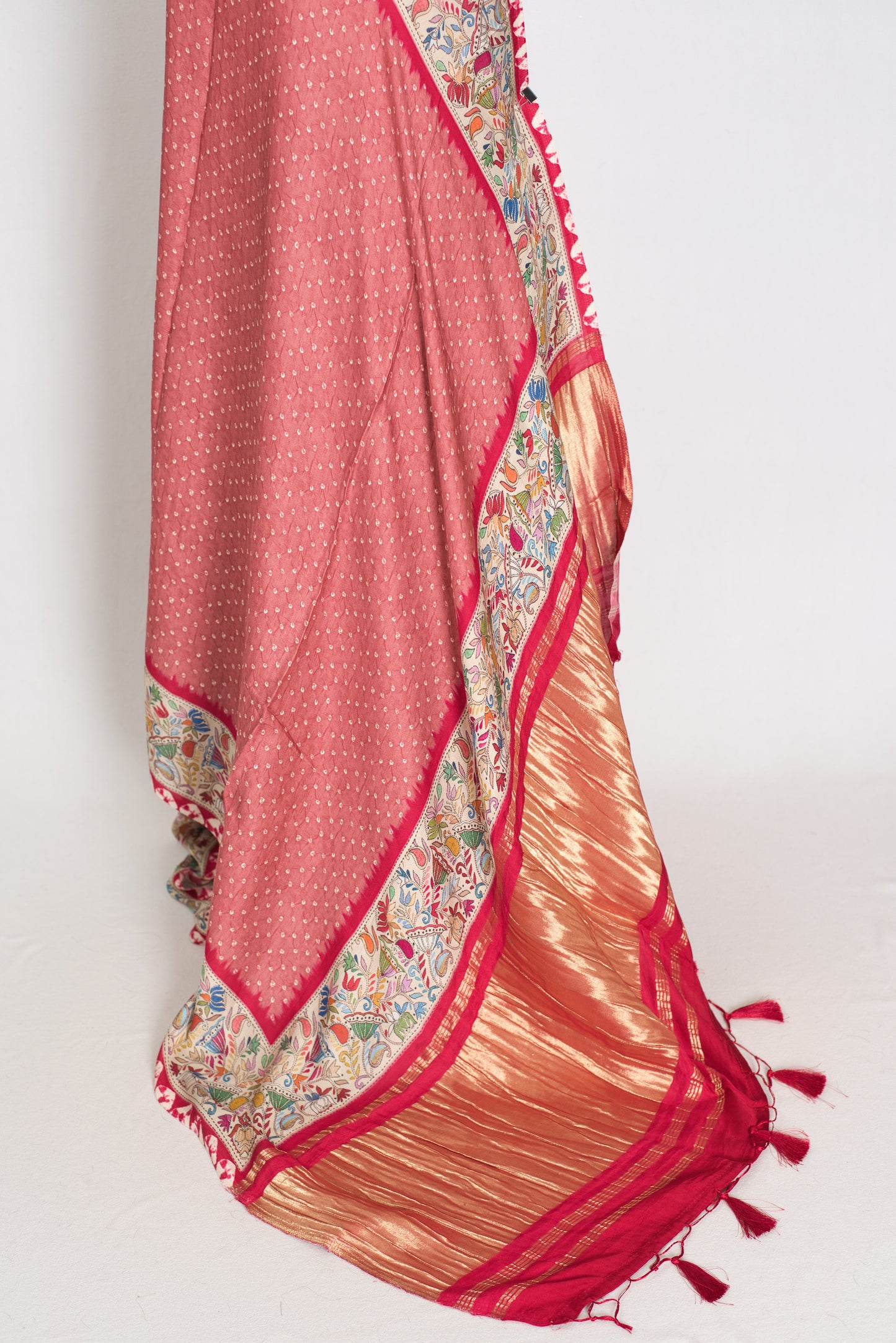 Bithi | Soft Pastel Pink & Beige Modal Silk Saree | Bandhani & Kantha Print image 3
