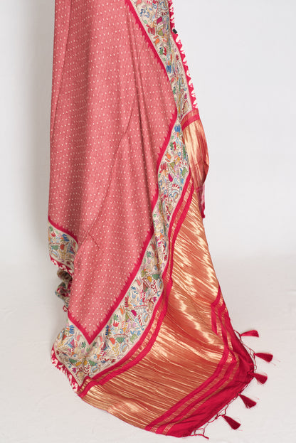 Bithi | Soft Pastel Pink & Beige Modal Silk Saree | Bandhani & Kantha Print image 3