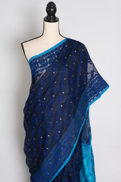 Neela : Midnight Blue & Turquoise Soft Blended Cotton Jamdani Saree image 2