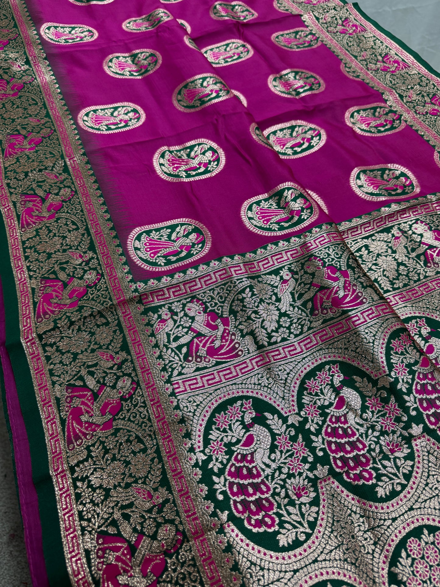 Rupsa : Magenta and Green Baluchari Saree in Blended Silk image 3