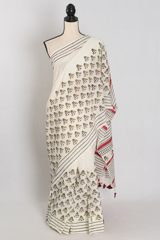 Sandhi: White & Black Contemporary Printed Mulmul Cotton Saree image 0