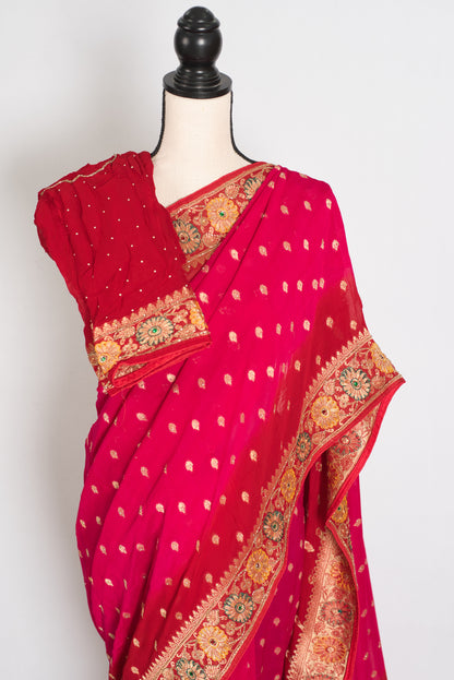 Nadira | Dark Pink & Red Crepe Georgette Banarasi Saree | Hand-Embroidery image 2