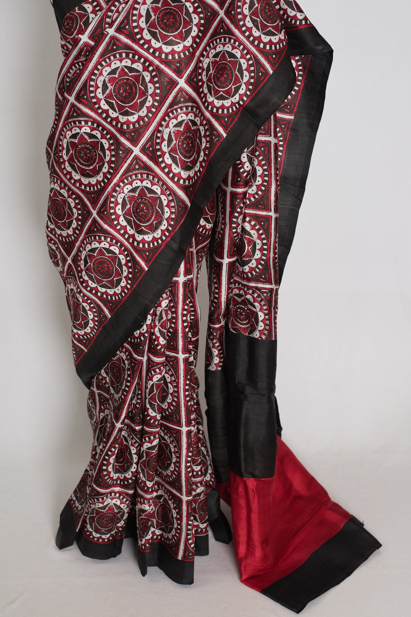 Dhriti : Black and Red Contemporary Hand Block Printed Murshidabad Silk Saree image 6