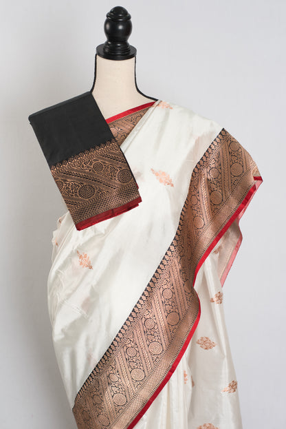 Basanti : Silk Mark Certified Katan Banarasi Saree in White and Black image 2