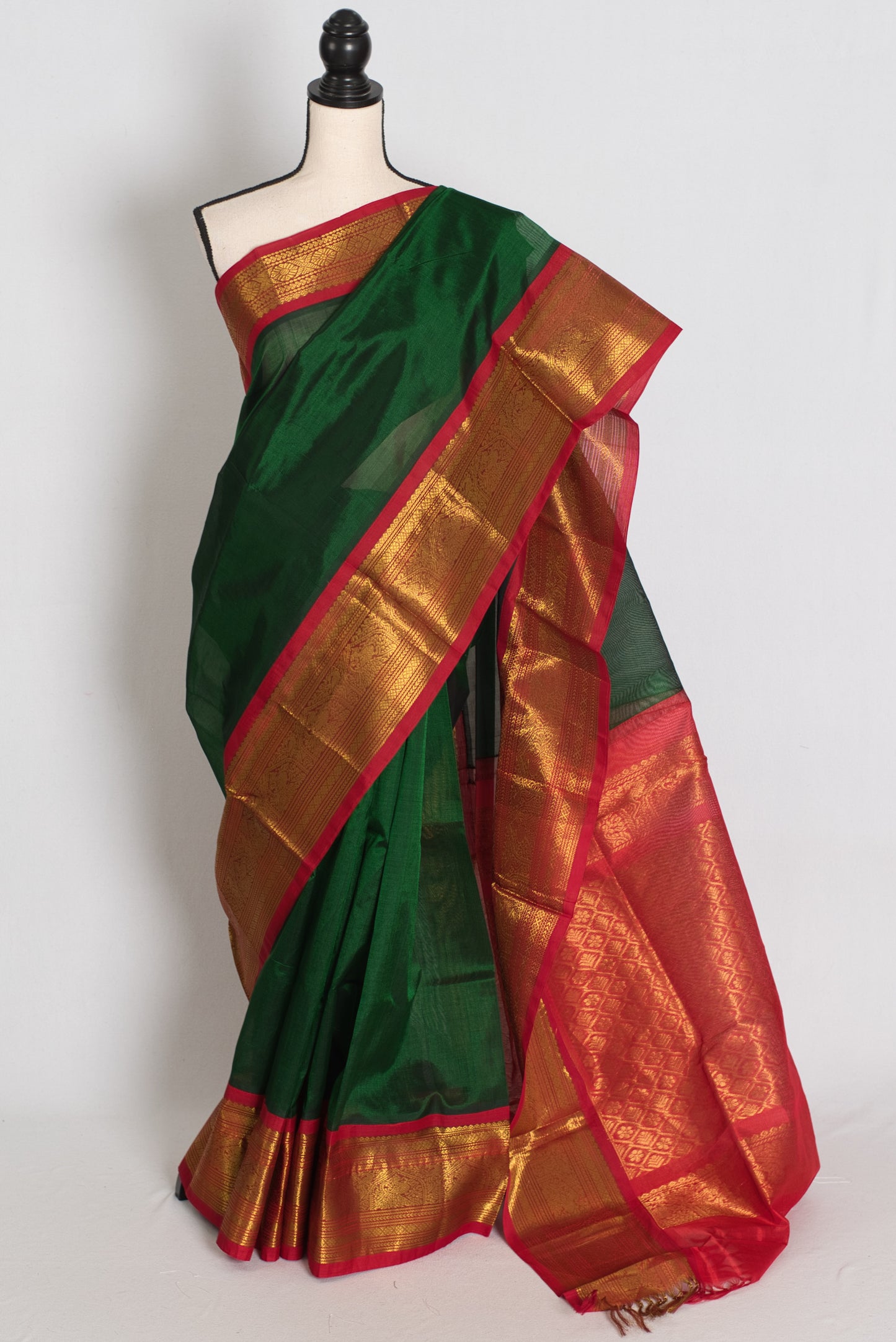 Latha : Bottle Green and Red Cotton Silk Kanjivaram Saree with 36 Size Blouse image 0