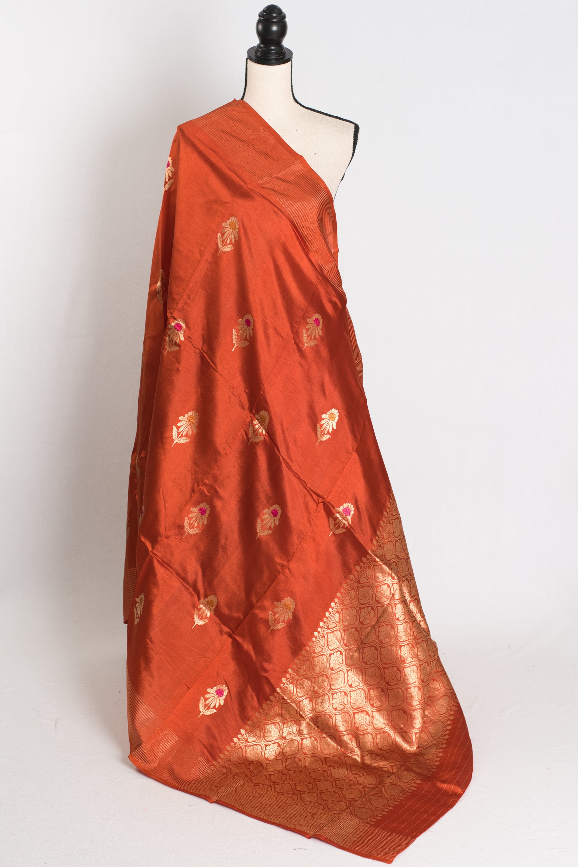 Ganga : Silk Mark Certified Lightweight Katan Banarasi Saree in Rust Orange image 1