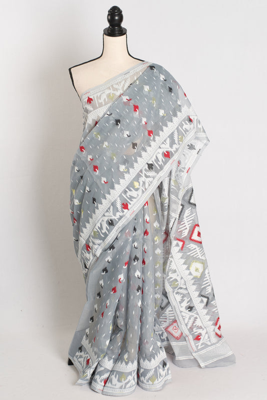 Mandar : Gray Blended Soft Cotton Jamdani Bengali Saree image 0